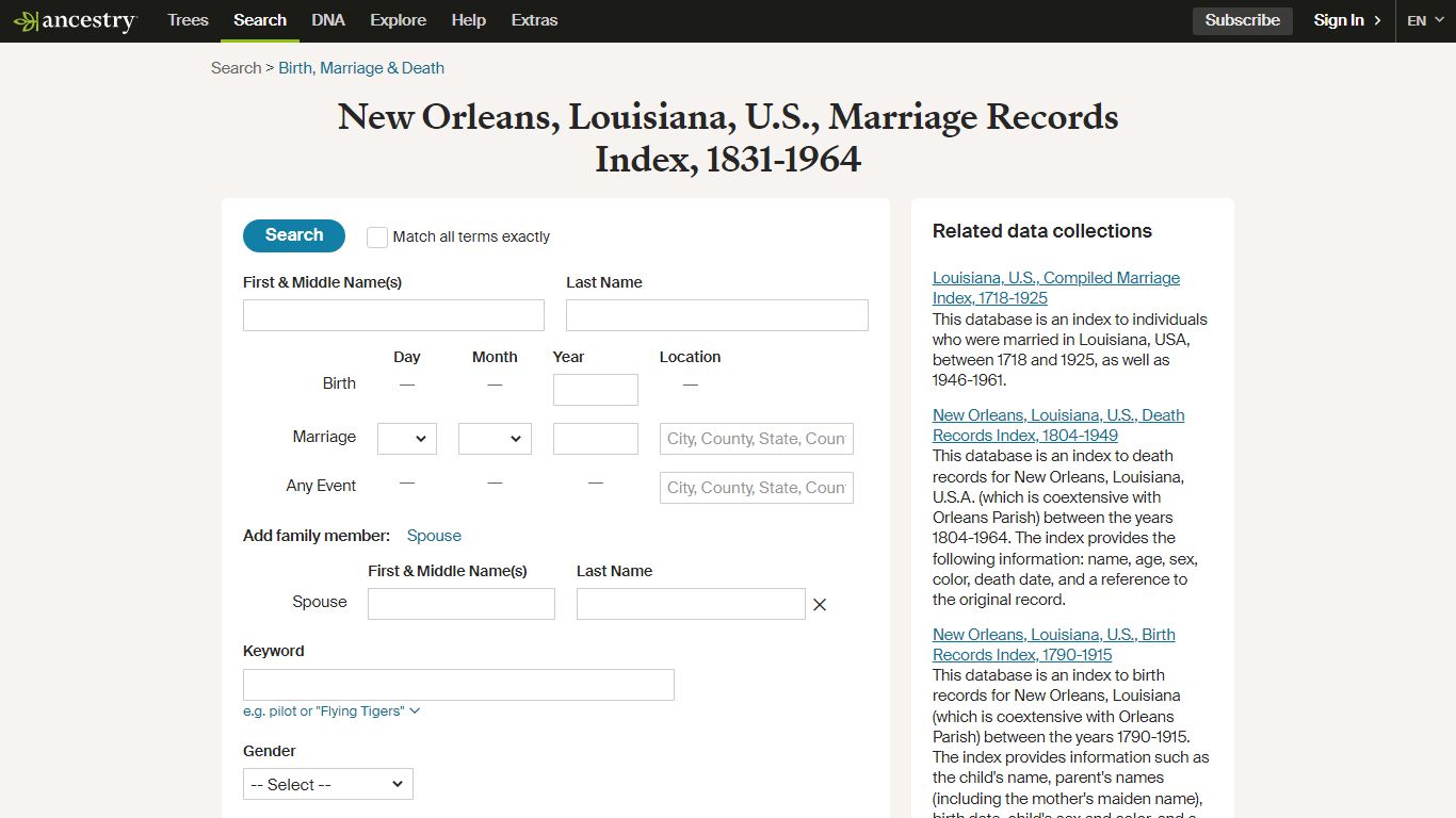 New Orleans, Louisiana, U.S., Marriage Records Index, 1831-1964